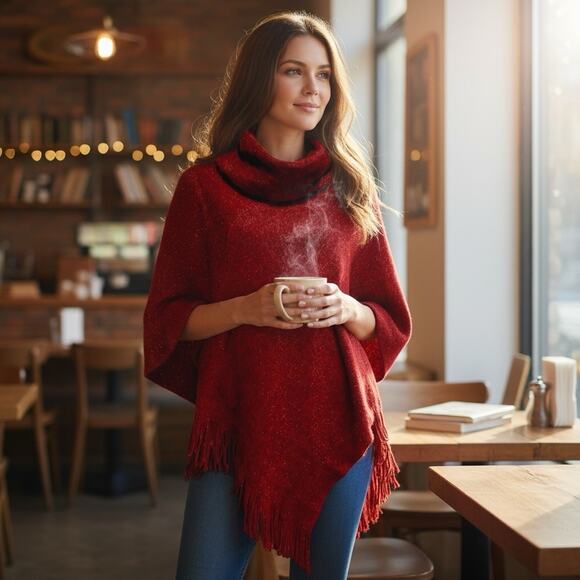 NEW CHICOS Women’s Red Cozy Stripe Cowl Neck Poncho Sweater Fringe Shimmer OS - Picture 1 of 8